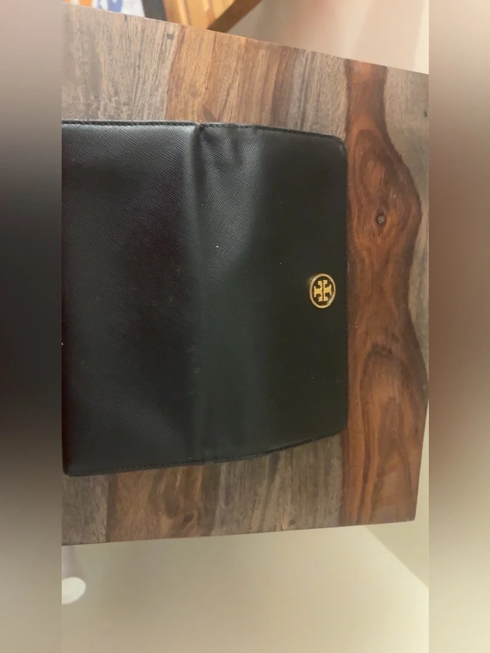 Tory Burch Black Leather Continental Wallet with Gold Logo